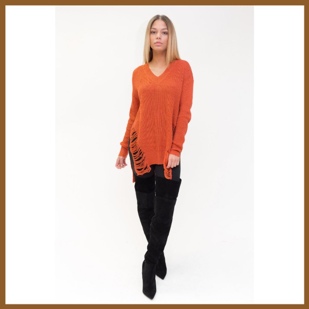 NWT Distressed V-Neck Sweater (Rust)